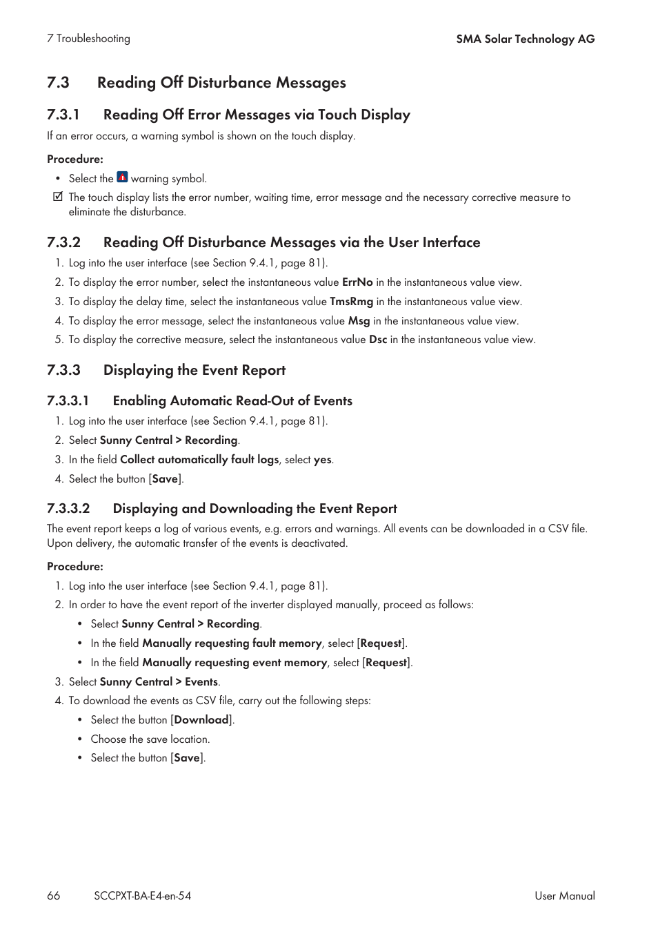 3 reading off disturbance messages, 1 reading off error messages via touch display, 3 displaying the event report | 1 enabling automatic read-out of events, 2 displaying and downloading the event report, Reading off disturbance messages, Reading off error messages via touch display, Displaying the event report, Enabling automatic read-out of events, Displaying and downloading the event report | SMA SC 500CP XT User Manual | Page 66 / 158