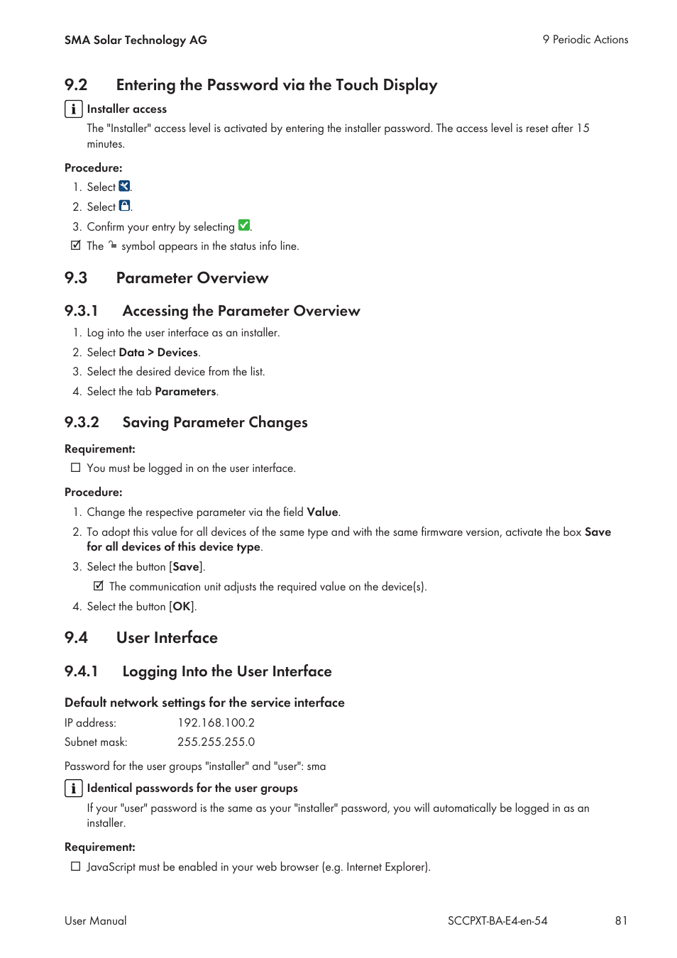 2 entering the password via the touch display, 3 parameter overview, 1 accessing the parameter overview | 2 saving parameter changes, 4 user interface, 1 logging into the user interface, Entering the password via the touch display, Parameter overview, Accessing the parameter overview, Saving parameter changes | SMA SC 500CP XT User Manual | Page 81 / 158