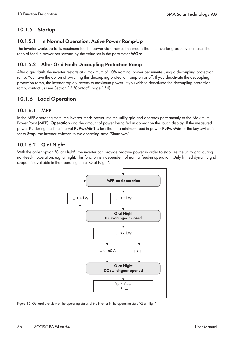 5 startup, 1 in normal operation: active power ramp-up, 2 after grid fault: decoupling protection ramp | 6 load operation, 1 mpp, 2 q at night, Startup, Load operation, 1 mpp 10.1.6.2 q at night | SMA SC 500CP XT User Manual | Page 86 / 158