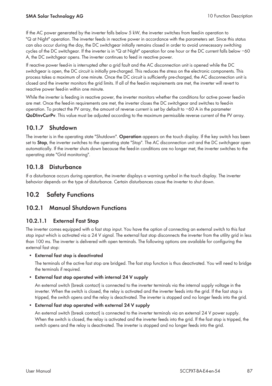 7 shutdown, 8 disturbance, 2 safety functions | 1 manual shutdown functions, 1 external fast stop, Shutdown, Disturbance, Manual shutdown functions | SMA SC 500CP XT User Manual | Page 87 / 158