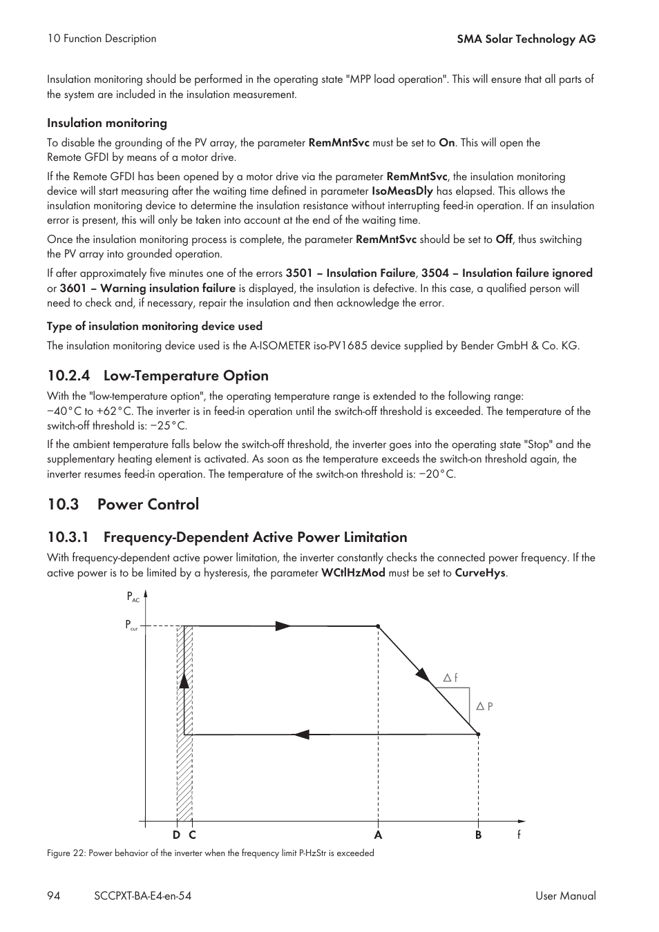 4 low-temperature option, 3 power control, 1 frequency-dependent active power limitation | Low-temperature option, Frequency-dependent active power limitation | SMA SC 500CP XT User Manual | Page 94 / 158