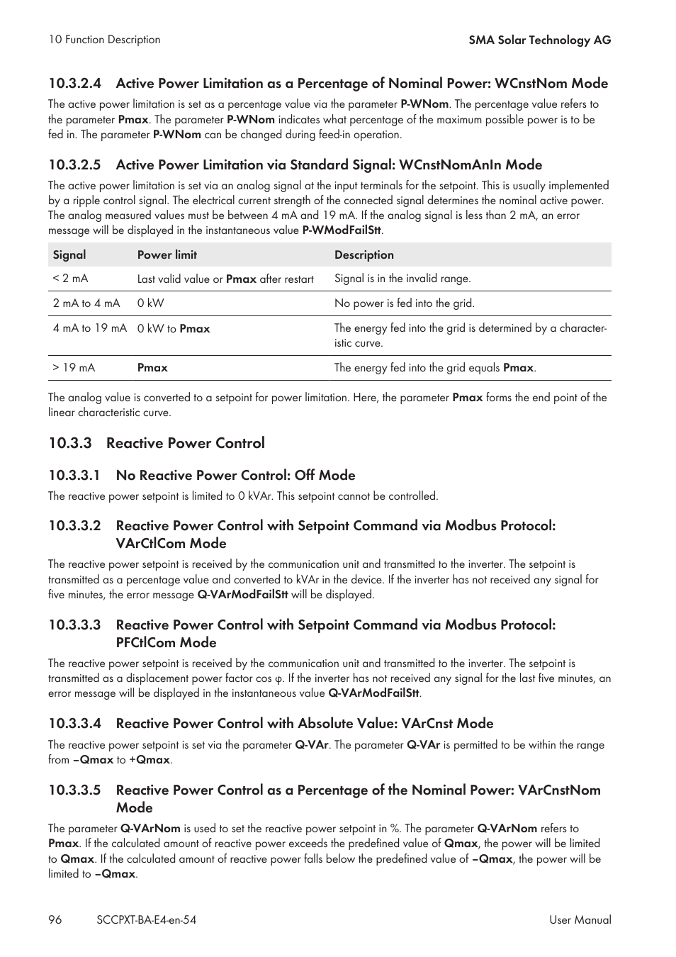3 reactive power control, 1 no reactive power control: off mode, Reactive power control | SMA SC 500CP XT User Manual | Page 96 / 158