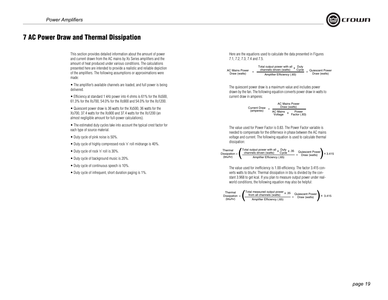 7 ac power draw and thermal dissipation | Crown Audio Xs500 User Manual | Page 19 / 28