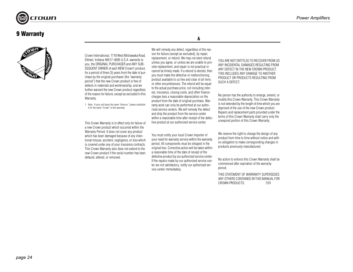 9 warranty | Crown Audio Xs500 User Manual | Page 24 / 28