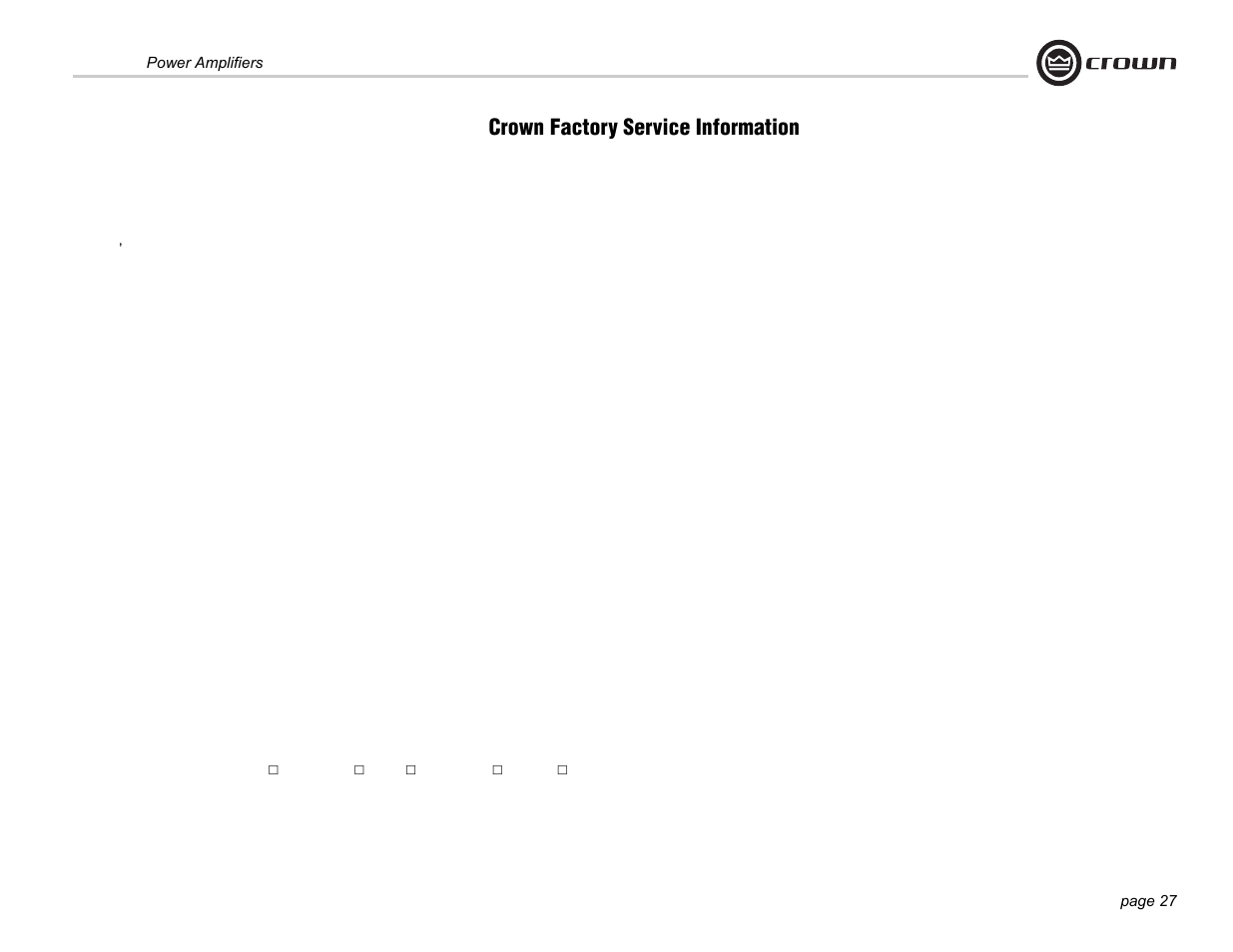 Crown factory service information | Crown Audio Xs500 User Manual | Page 27 / 28