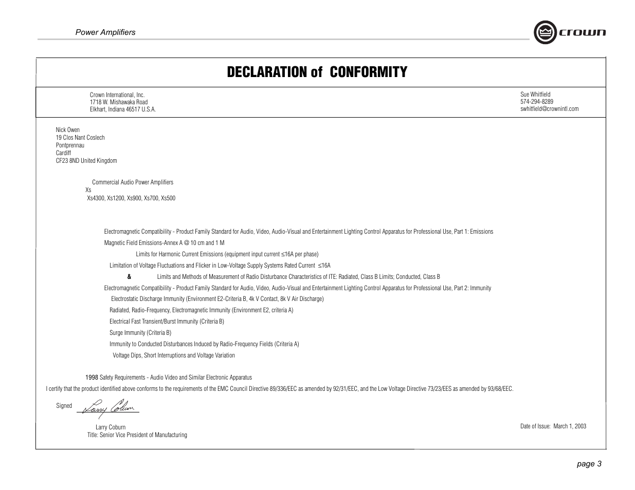 Declaration of conformity | Crown Audio Xs500 User Manual | Page 3 / 28