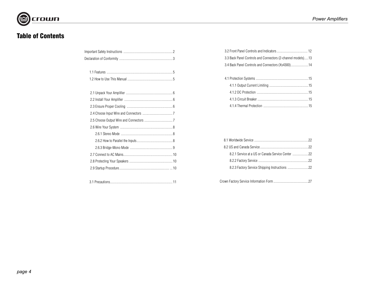 Crown Audio Xs500 User Manual | Page 4 / 28