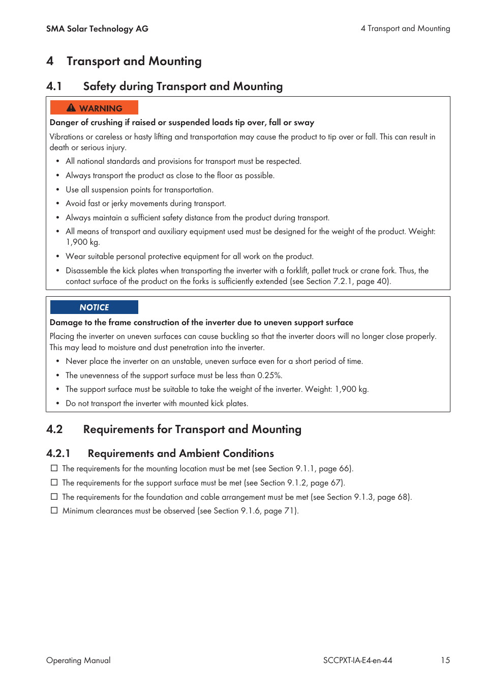 4 transport and mounting, 1 safety during transport and mounting, 2 requirements for transport and mounting | 1 requirements and ambient conditions, Transport and mounting, Safety during transport and mounting, Requirements for transport and mounting, Requirements and ambient conditions, 4transport and mounting | SMA SC 500CP XT Installation User Manual | Page 15 / 82