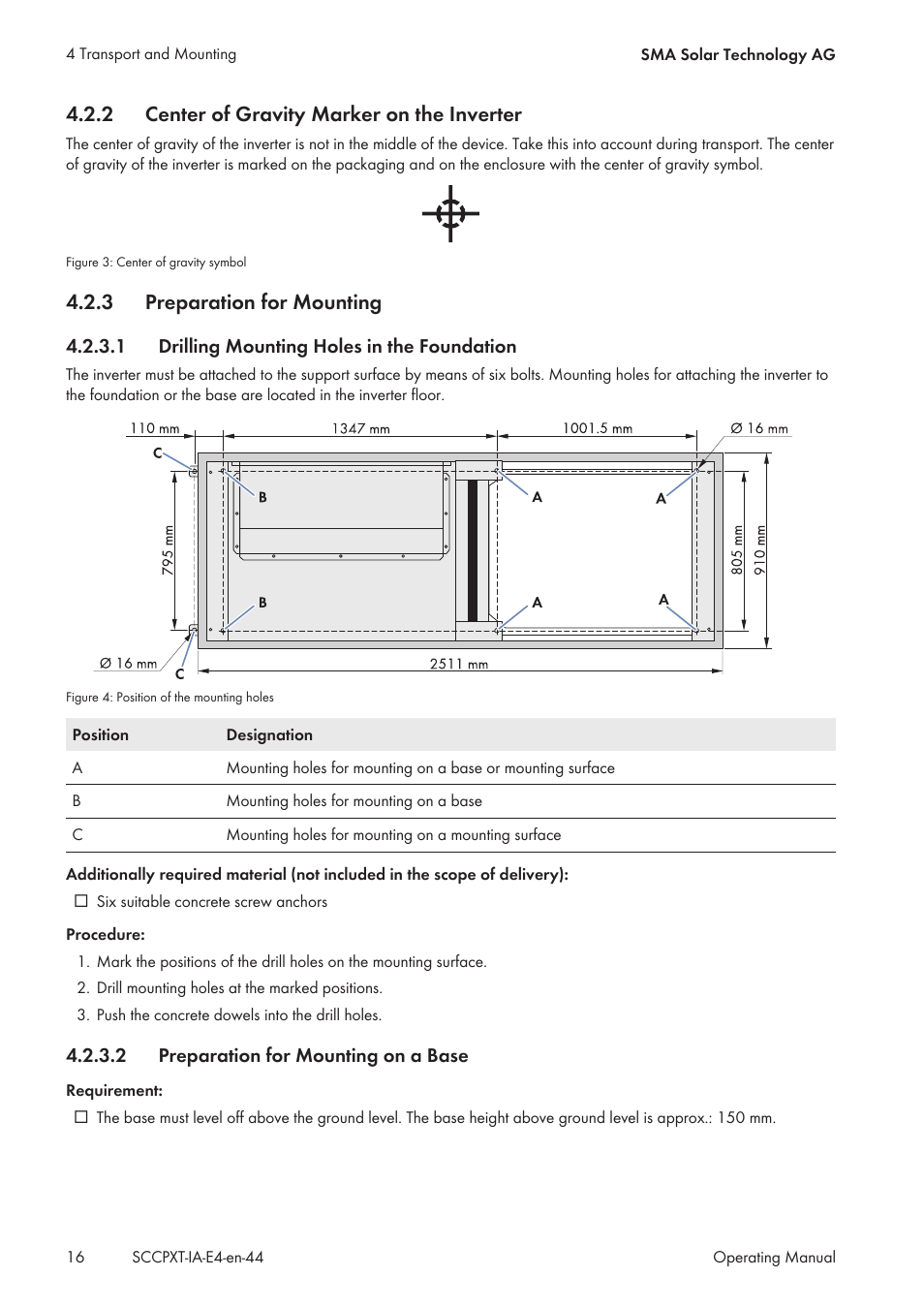 2 center of gravity marker on the inverter, 3 preparation for mounting, 1 drilling mounting holes in the foundation | 2 preparation for mounting on a base, Center of gravity marker on the inverter, Preparation for mounting, Drilling mounting holes in the foundation, Preparation for mounting on a base | SMA SC 500CP XT Installation User Manual | Page 16 / 82