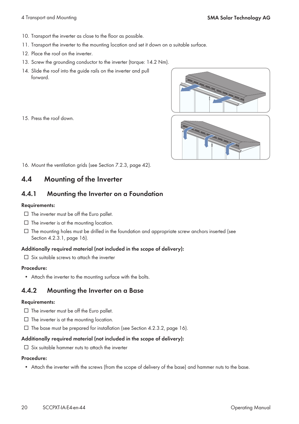 4 mounting of the inverter, 1 mounting the inverter on a foundation, 2 mounting the inverter on a base | Mounting of the inverter, Mounting the inverter on a foundation, Mounting the inverter on a base | SMA SC 500CP XT Installation User Manual | Page 20 / 82