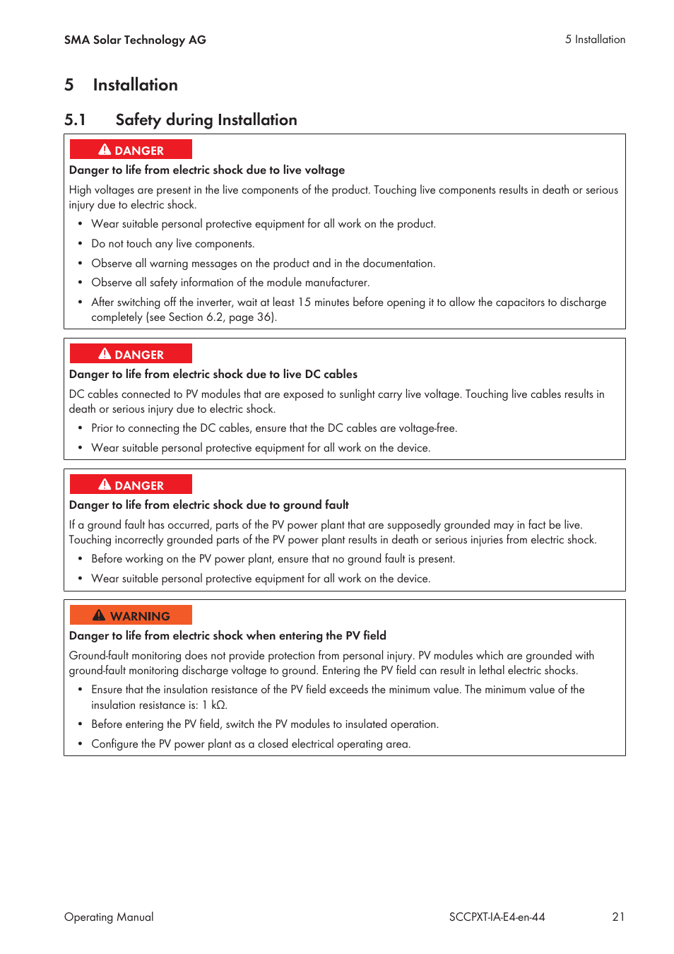 5 installation, 1 safety during installation, Installation | Safety during installation, 5installation | SMA SC 500CP XT Installation User Manual | Page 21 / 82