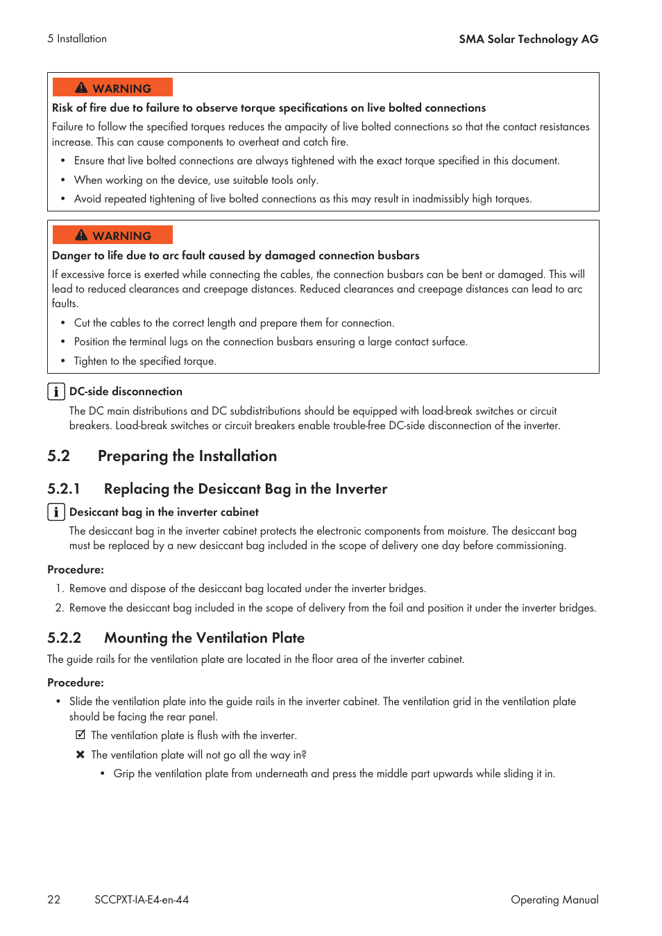 2 preparing the installation, 1 replacing the desiccant bag in the inverter, 2 mounting the ventilation plate | Preparing the installation, Replacing the desiccant bag in the inverter, Mounting the ventilation plate | SMA SC 500CP XT Installation User Manual | Page 22 / 82