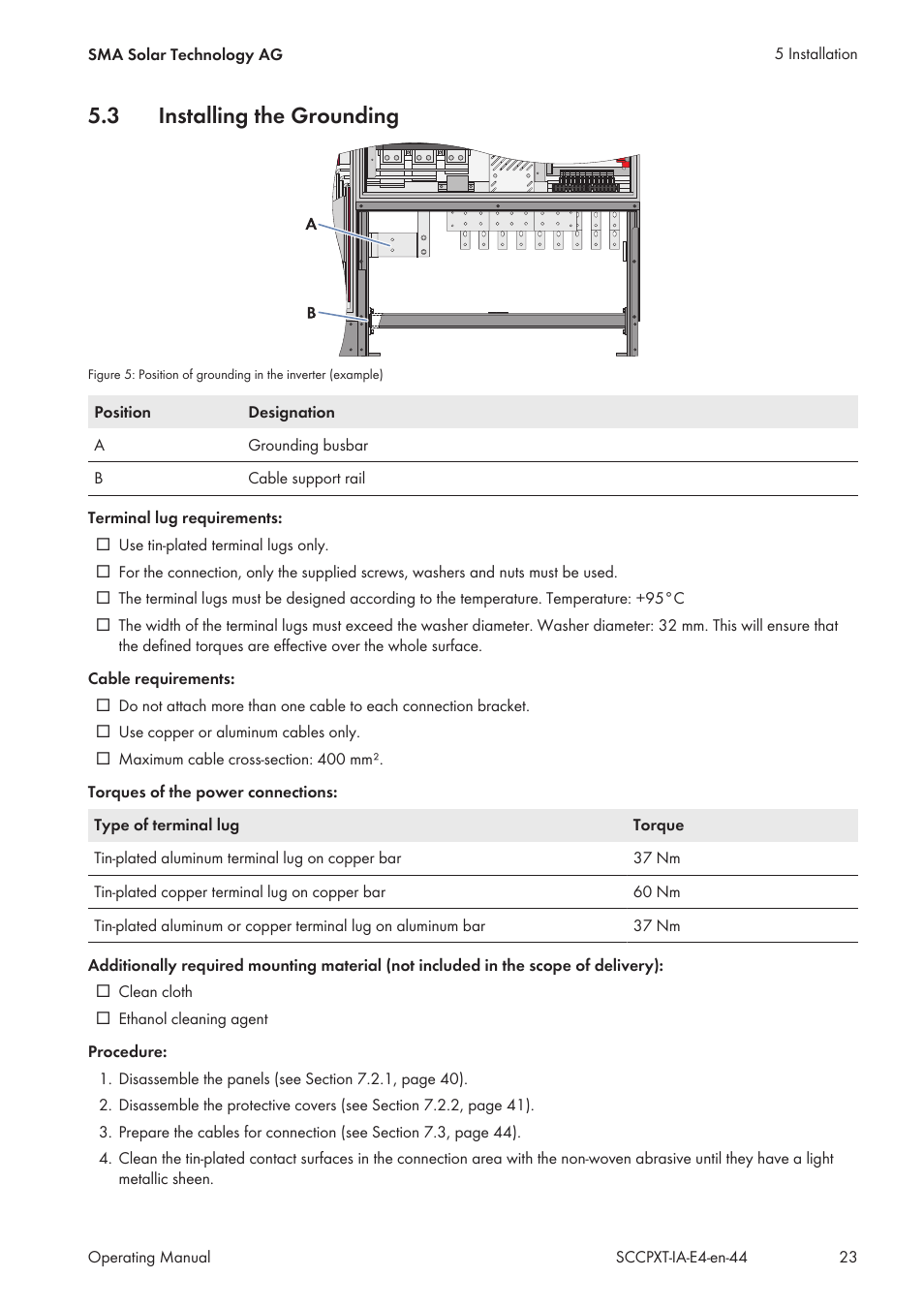 3 installing the grounding, Installing the grounding | SMA SC 500CP XT Installation User Manual | Page 23 / 82