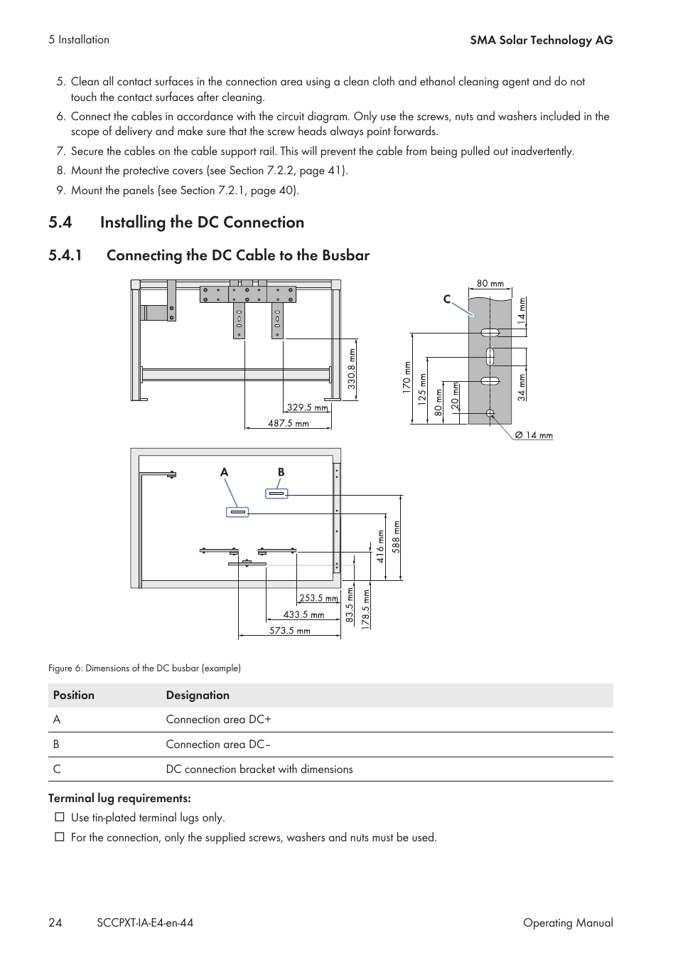 4 installing the dc connection, 1 connecting the dc cable to the busbar, Installing the dc connection | Connecting the dc cable to the busbar | SMA SC 500CP XT Installation User Manual | Page 24 / 82