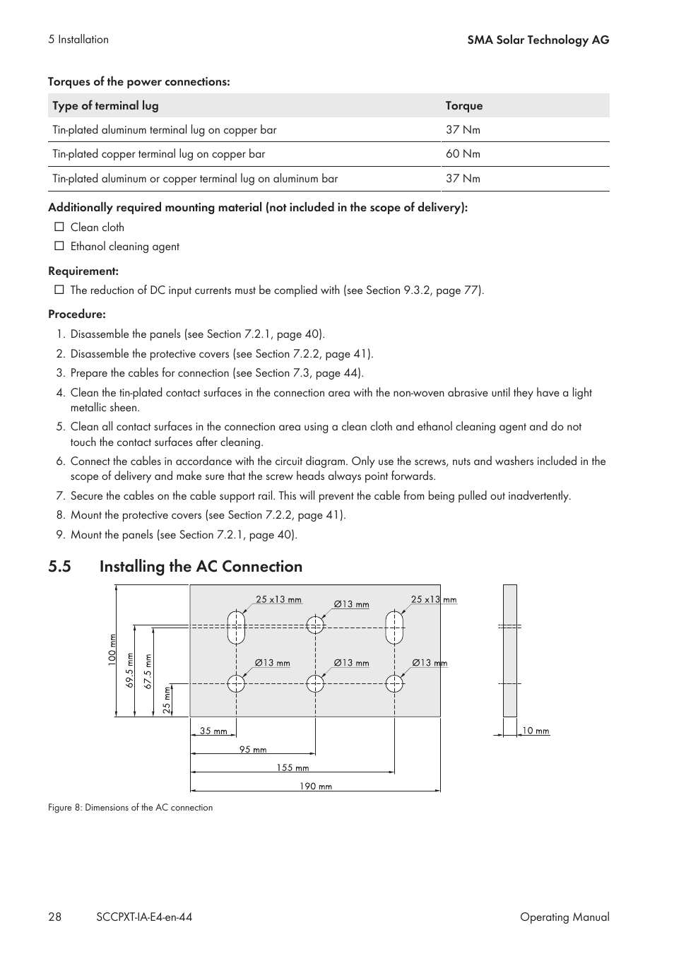 5 installing the ac connection, Installing the ac connection | SMA SC 500CP XT Installation User Manual | Page 28 / 82