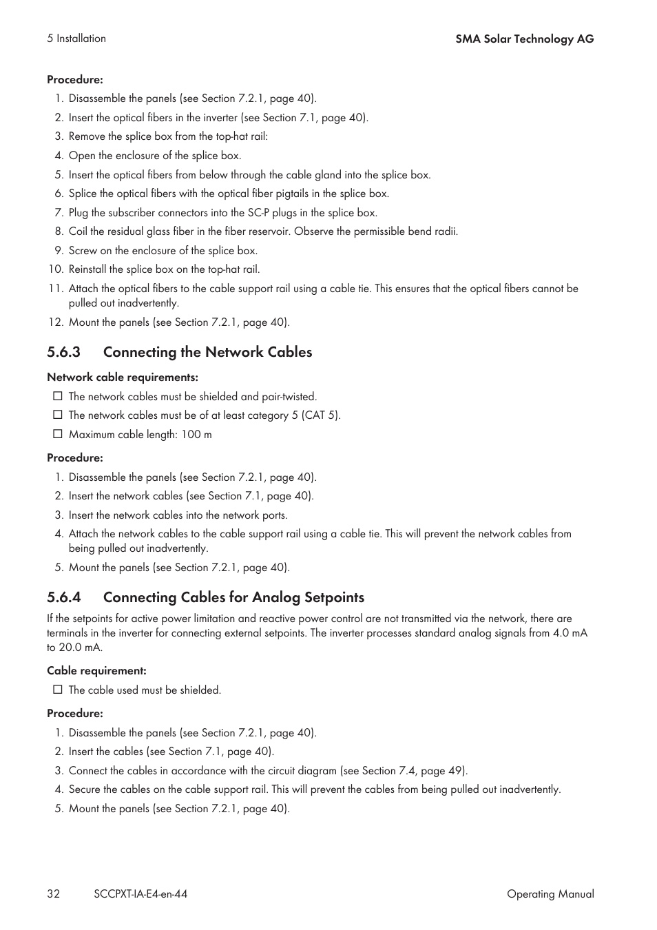 3 connecting the network cables, 4 connecting cables for analog setpoints, Connecting the network cables | Connecting cables for analog setpoints | SMA SC 500CP XT Installation User Manual | Page 32 / 82