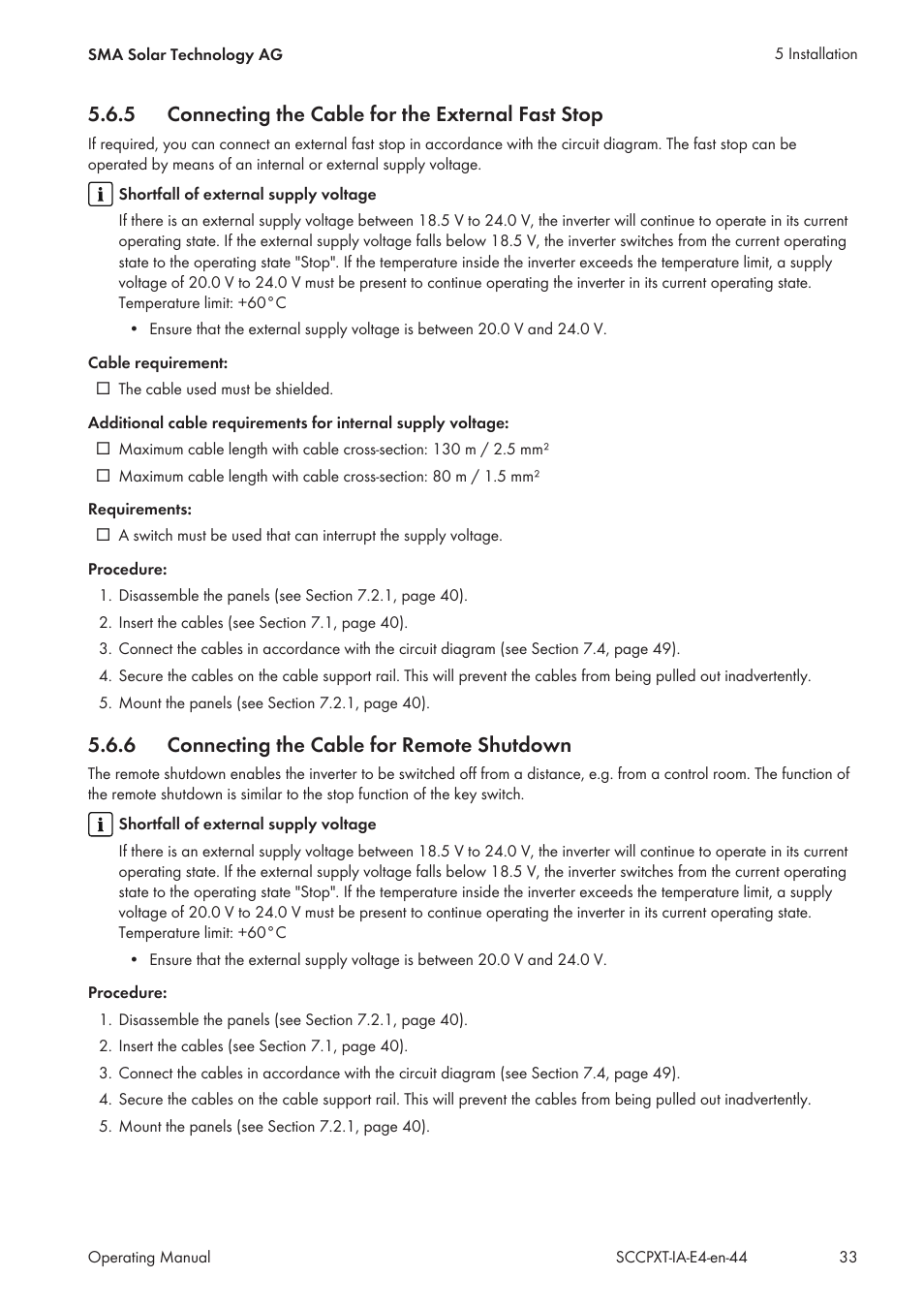 5 connecting the cable for the external fast stop, 6 connecting the cable for remote shutdown, Connecting the cable for the external fast stop | Connecting the cable for remote shutdown | SMA SC 500CP XT Installation User Manual | Page 33 / 82