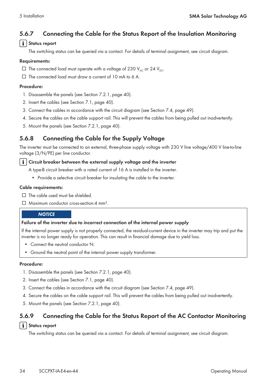 8 connecting the cable for the supply voltage, Connecting the cable for the supply voltage | SMA SC 500CP XT Installation User Manual | Page 34 / 82