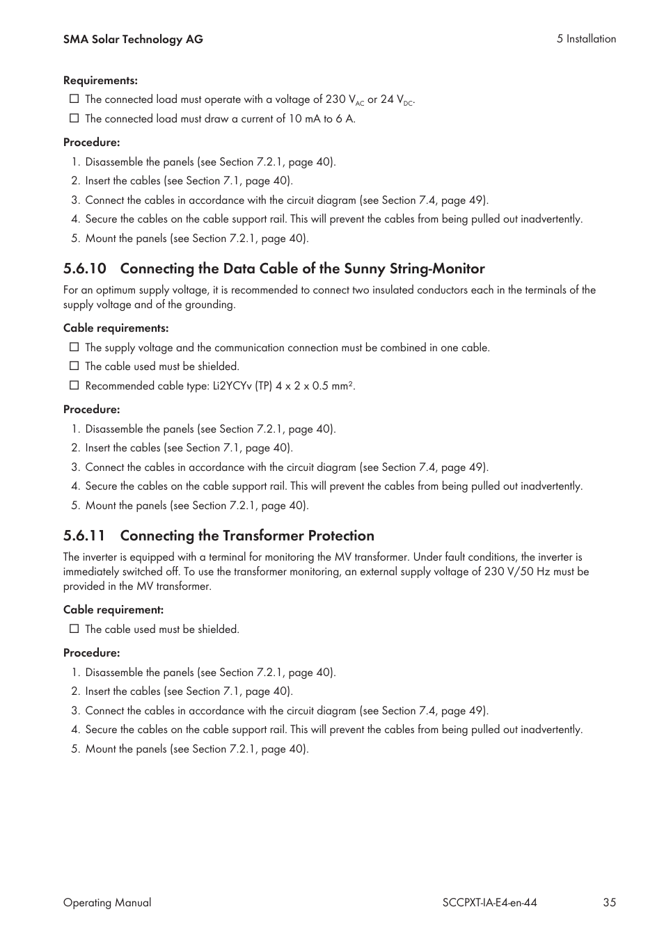 11 connecting the transformer protection, Connecting the transformer protection | SMA SC 500CP XT Installation User Manual | Page 35 / 82