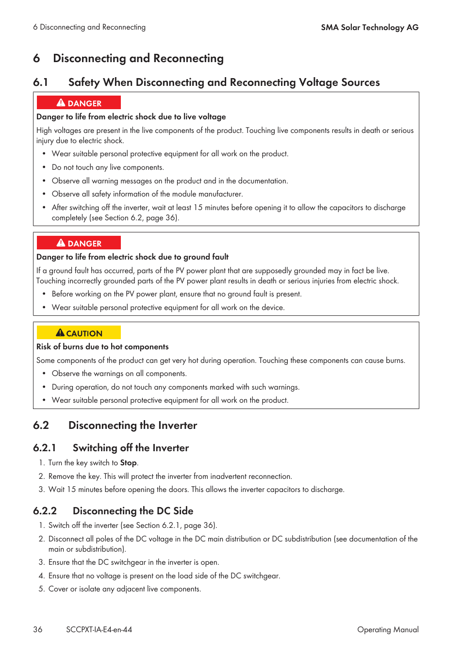 6 disconnecting and reconnecting, 2 disconnecting the inverter, 1 switching off the inverter | 2 disconnecting the dc side, Disconnecting and reconnecting, Disconnecting the inverter, Switching off the inverter, Disconnecting the dc side, 6disconnecting and reconnecting | SMA SC 500CP XT Installation User Manual | Page 36 / 82
