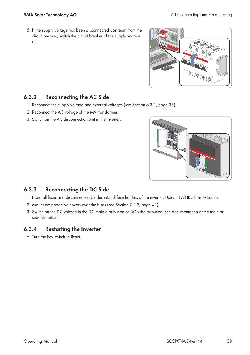 2 reconnecting the ac side, 3 reconnecting the dc side, 4 restarting the inverter | Reconnecting the ac side, Reconnecting the dc side, Restarting the inverter | SMA SC 500CP XT Installation User Manual | Page 39 / 82
