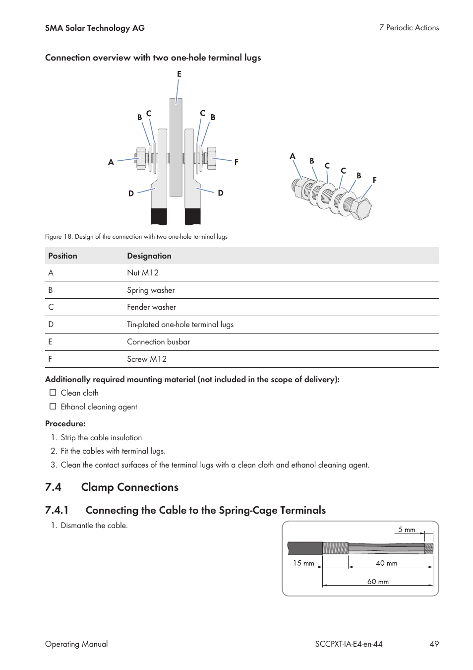 4 clamp connections, Clamp connections, Connecting the cable to the spring-cage terminals | SMA SC 500CP XT Installation User Manual | Page 49 / 82