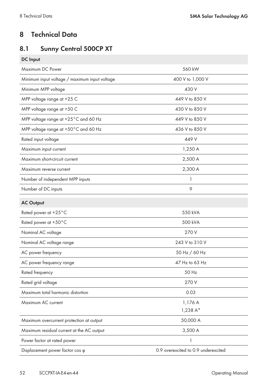 8 technical data, 1 sunny central 500cp xt, Technical data | Sunny central 500cp xt, 8technical data | SMA SC 500CP XT Installation User Manual | Page 52 / 82