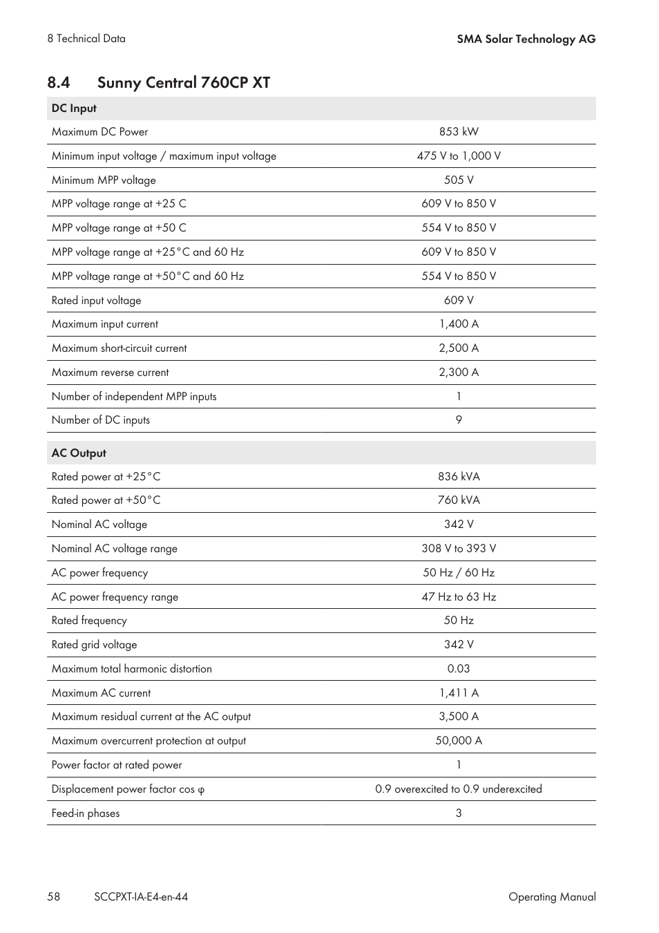 4 sunny central 760cp xt, Sunny central 760cp xt | SMA SC 500CP XT Installation User Manual | Page 58 / 82