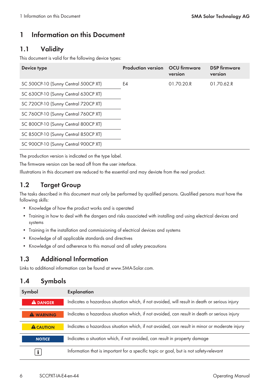 1 information on this document, 1 validity, 2 target group | 3 additional information, 4 symbols, Information on this document, Validity, Target group, Additional information, Symbols | SMA SC 500CP XT Installation User Manual | Page 6 / 82
