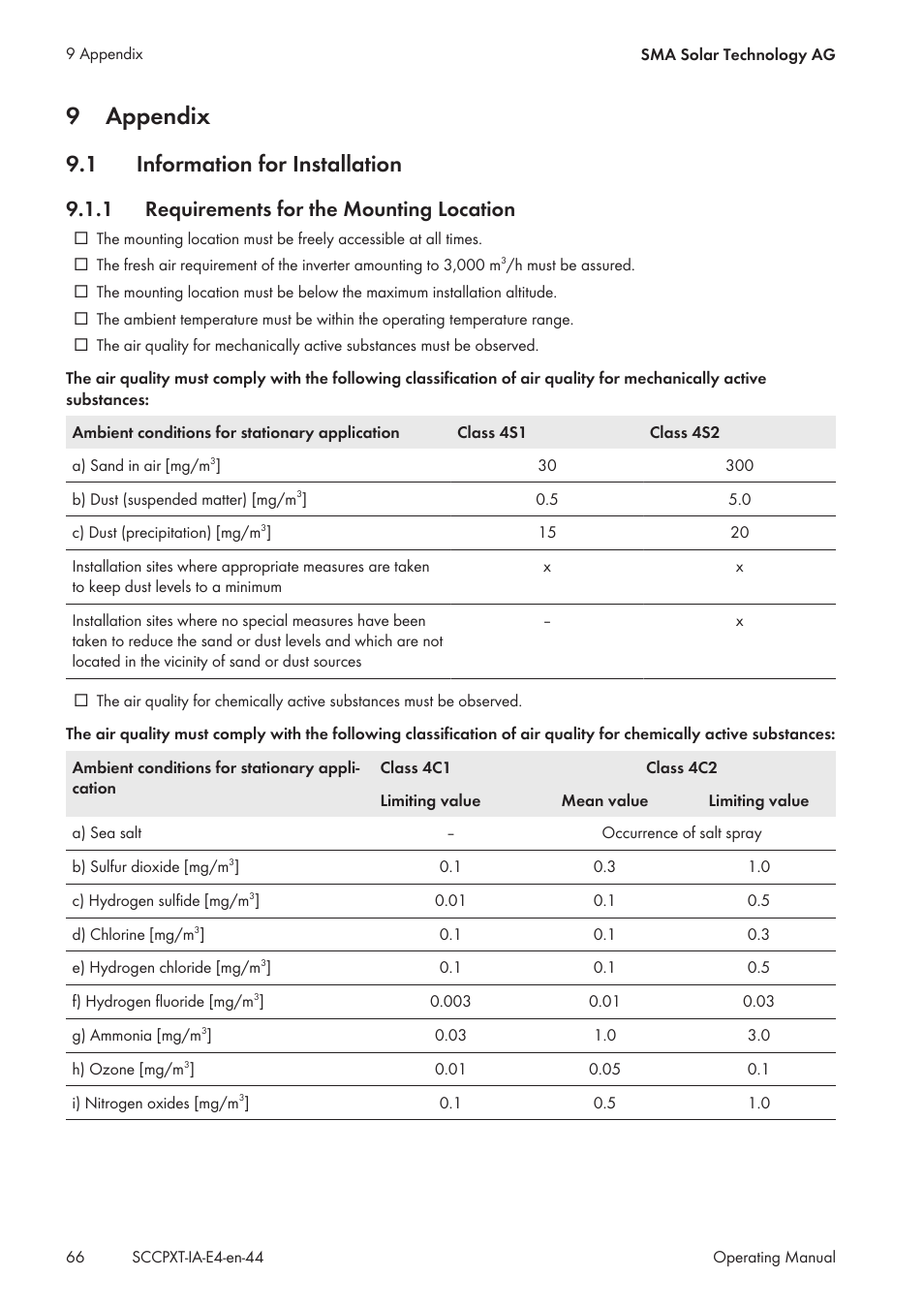 9 appendix, 1 information for installation, 1 requirements for the mounting location | Appendix, Information for installation, Requirements for the mounting location, 9appendix | SMA SC 500CP XT Installation User Manual | Page 66 / 82