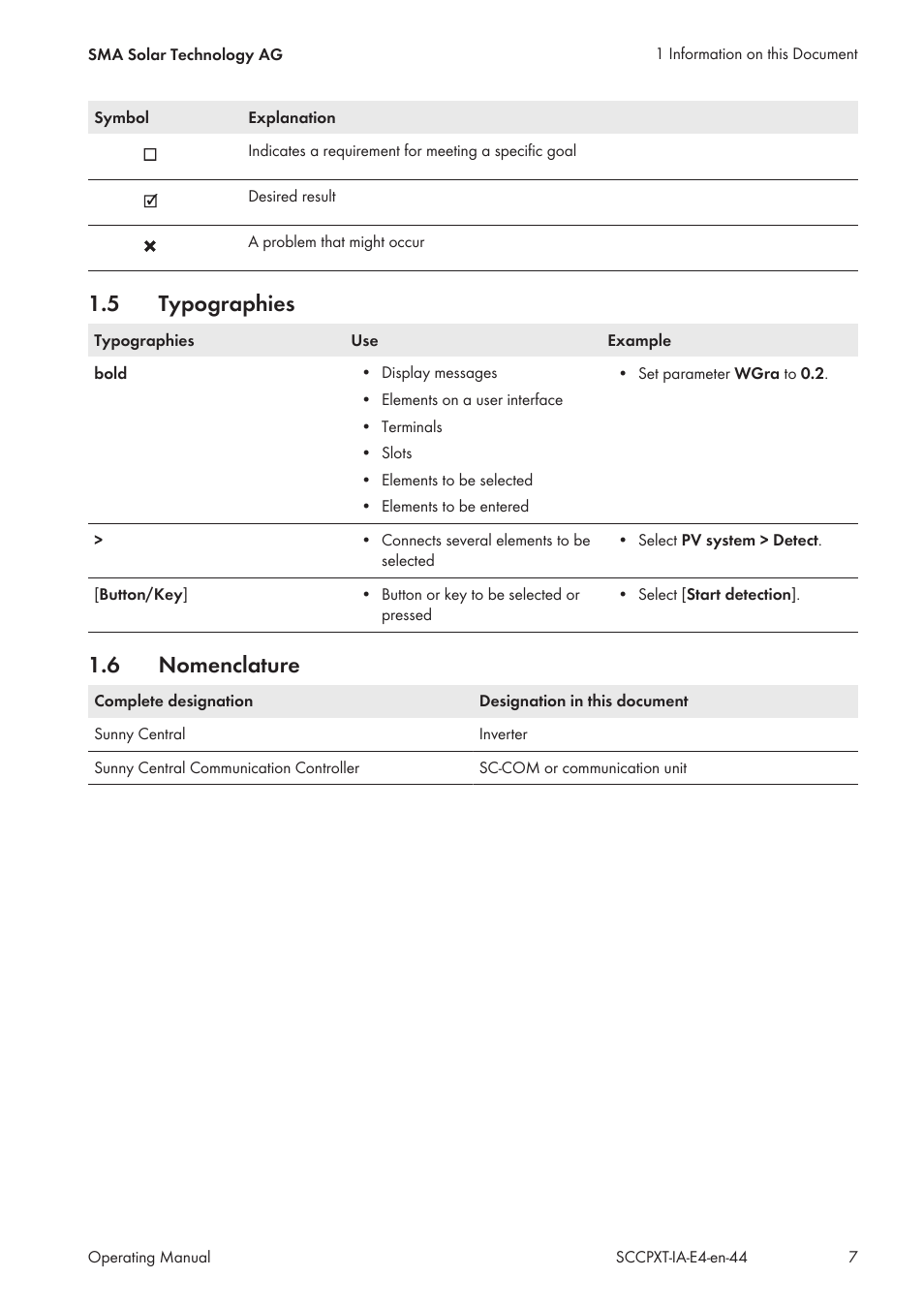 5 typographies, 6 nomenclature, Typographies | Nomenclature | SMA SC 500CP XT Installation User Manual | Page 7 / 82