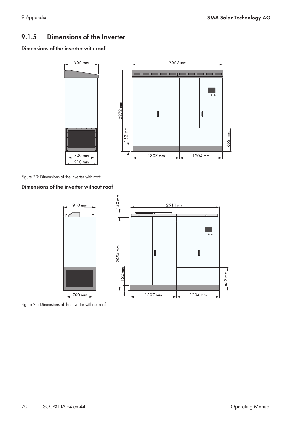 5 dimensions of the inverter, Dimensions of the inverter | SMA SC 500CP XT Installation User Manual | Page 70 / 82