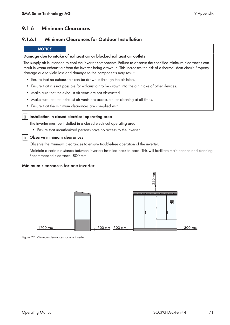 6 minimum clearances, 1 minimum clearances for outdoor installation, Minimum clearances | Minimum clearances for outdoor installation | SMA SC 500CP XT Installation User Manual | Page 71 / 82