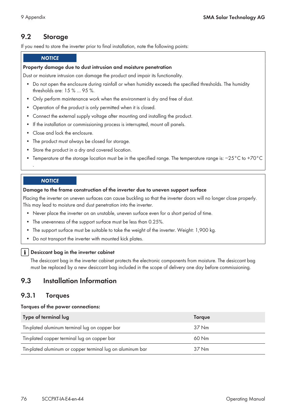 2 storage, 3 installation information, 1 torques | Storage, Installation information, Torques | SMA SC 500CP XT Installation User Manual | Page 76 / 82