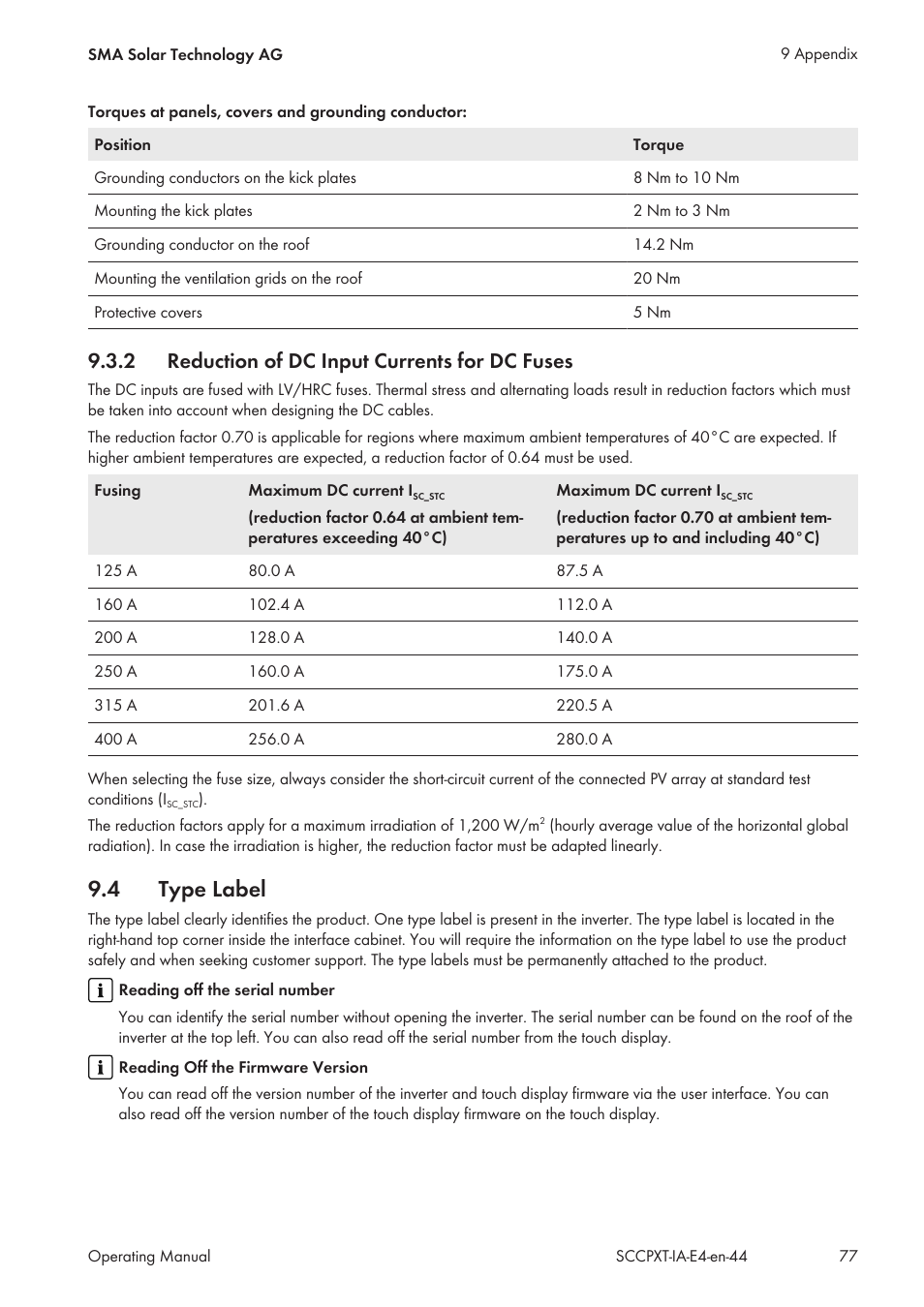 2 reduction of dc input currents for dc fuses, 4 type label, Reduction of dc input currents for dc fuses | Type label | SMA SC 500CP XT Installation User Manual | Page 77 / 82