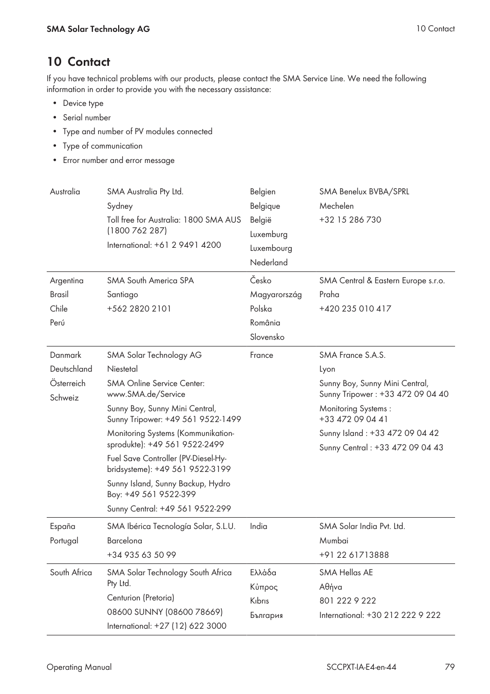 10 contact | SMA SC 500CP XT Installation User Manual | Page 79 / 82
