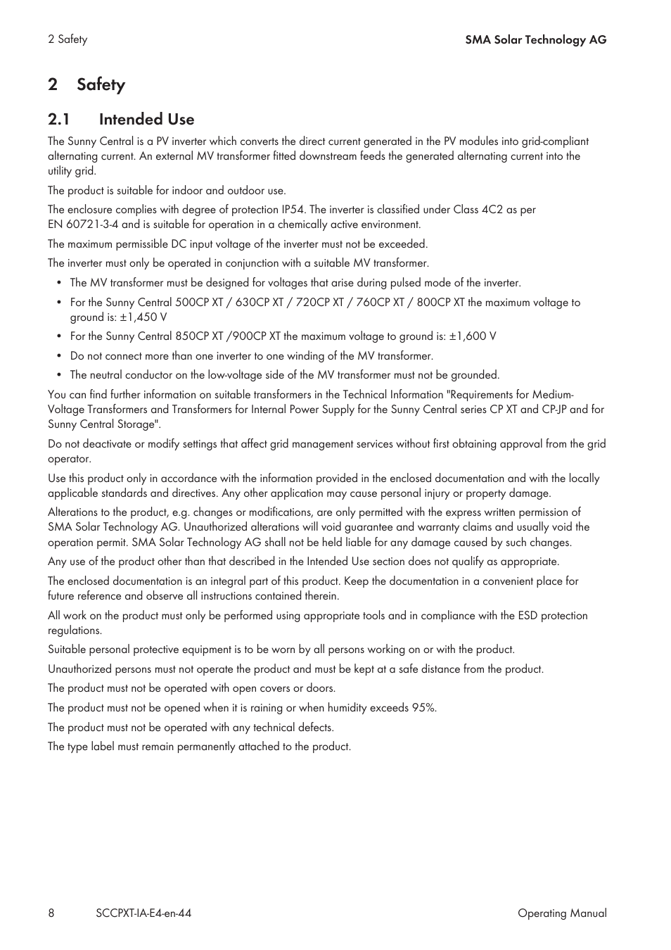 2 safety, 1 intended use, Safety | Intended use, 2safety | SMA SC 500CP XT Installation User Manual | Page 8 / 82