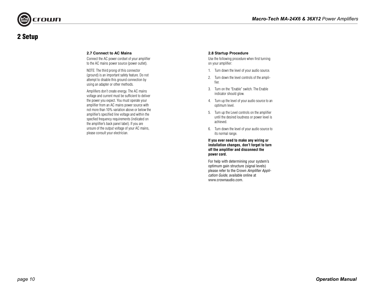 7 connect to ac mains, 8 startup procedure, 2 setup | Crown Audio MA-36X12 User Manual | Page 10 / 32