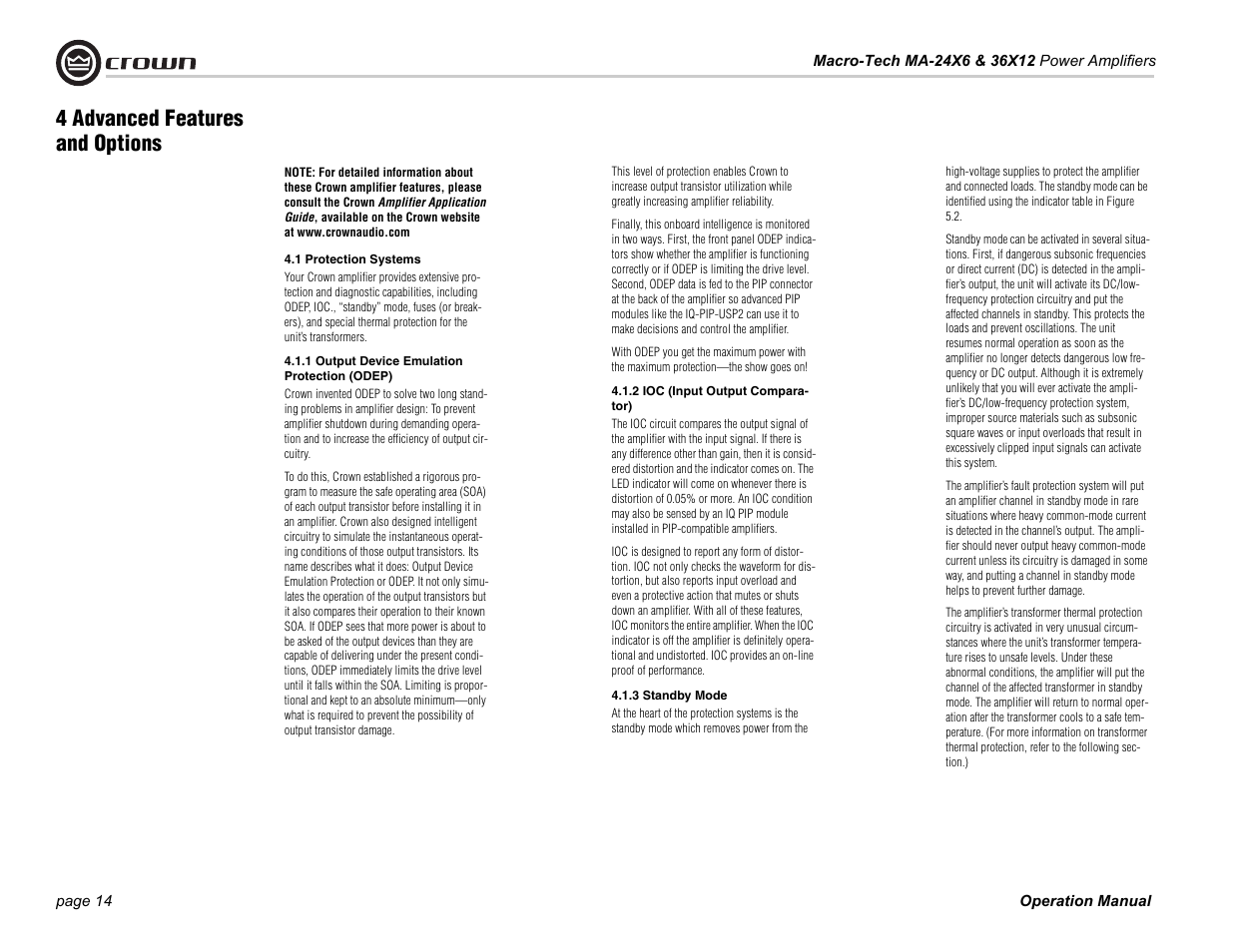 1 protection systems, 1 output device emulation protection (odep), 2 ioc (input output comparator) | 3 standby mode, 4 advanced features and options | Crown Audio MA-36X12 User Manual | Page 14 / 32
