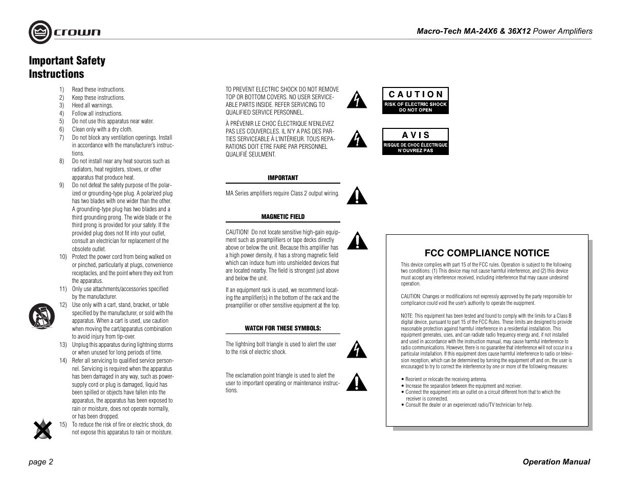 1) read these instructions, 2) keep these instructions, 3) heed all warnings | 4) follow all instructions, 5) do not use this apparatus near water, 6) clean only with a dry cloth, Important safety instructions, Fcc compliance notice | Crown Audio MA-36X12 User Manual | Page 2 / 32