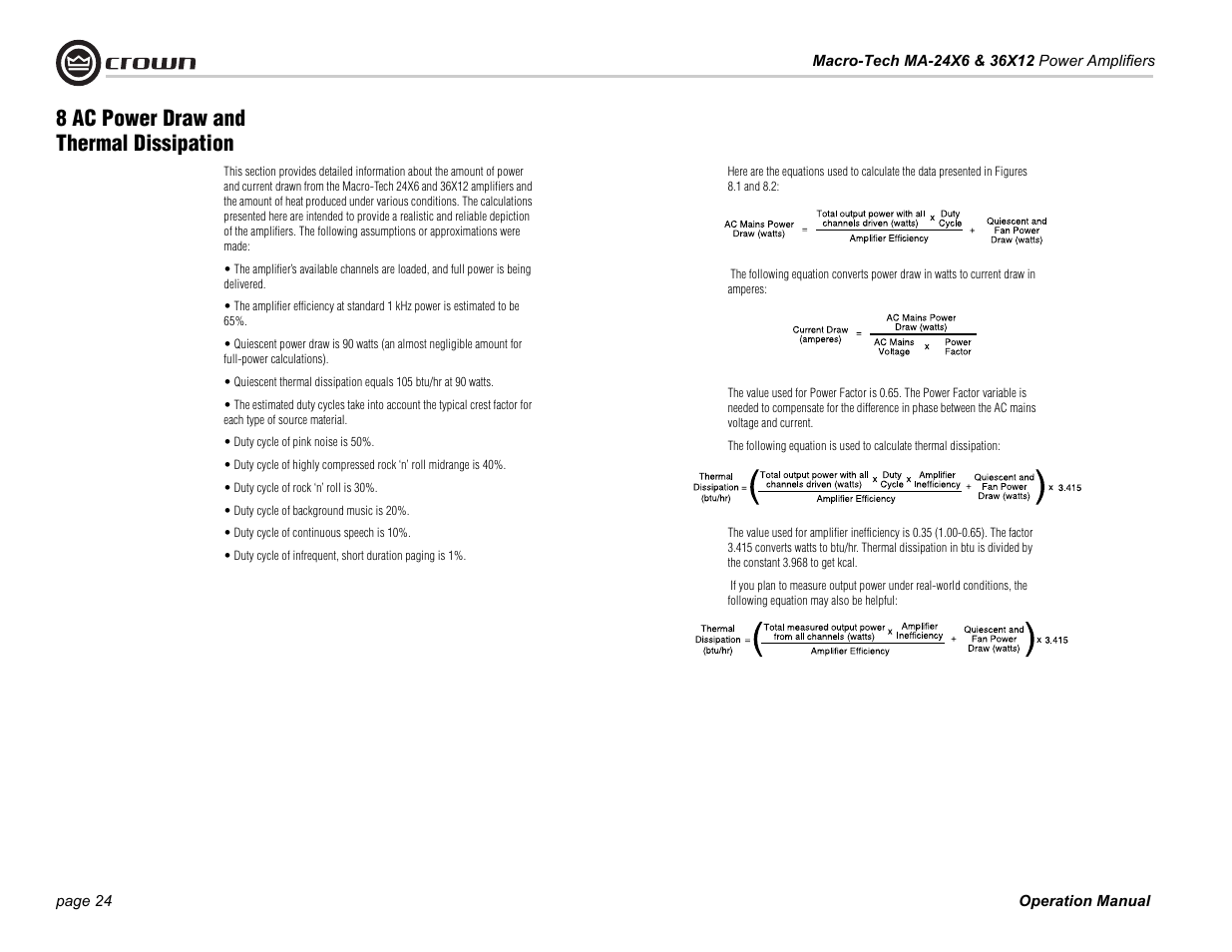 8 ac power draw and thermal dissipation | Crown Audio MA-36X12 User Manual | Page 24 / 32