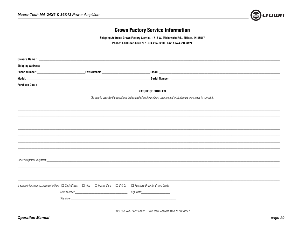 Crown factory service information | Crown Audio MA-36X12 User Manual | Page 29 / 32