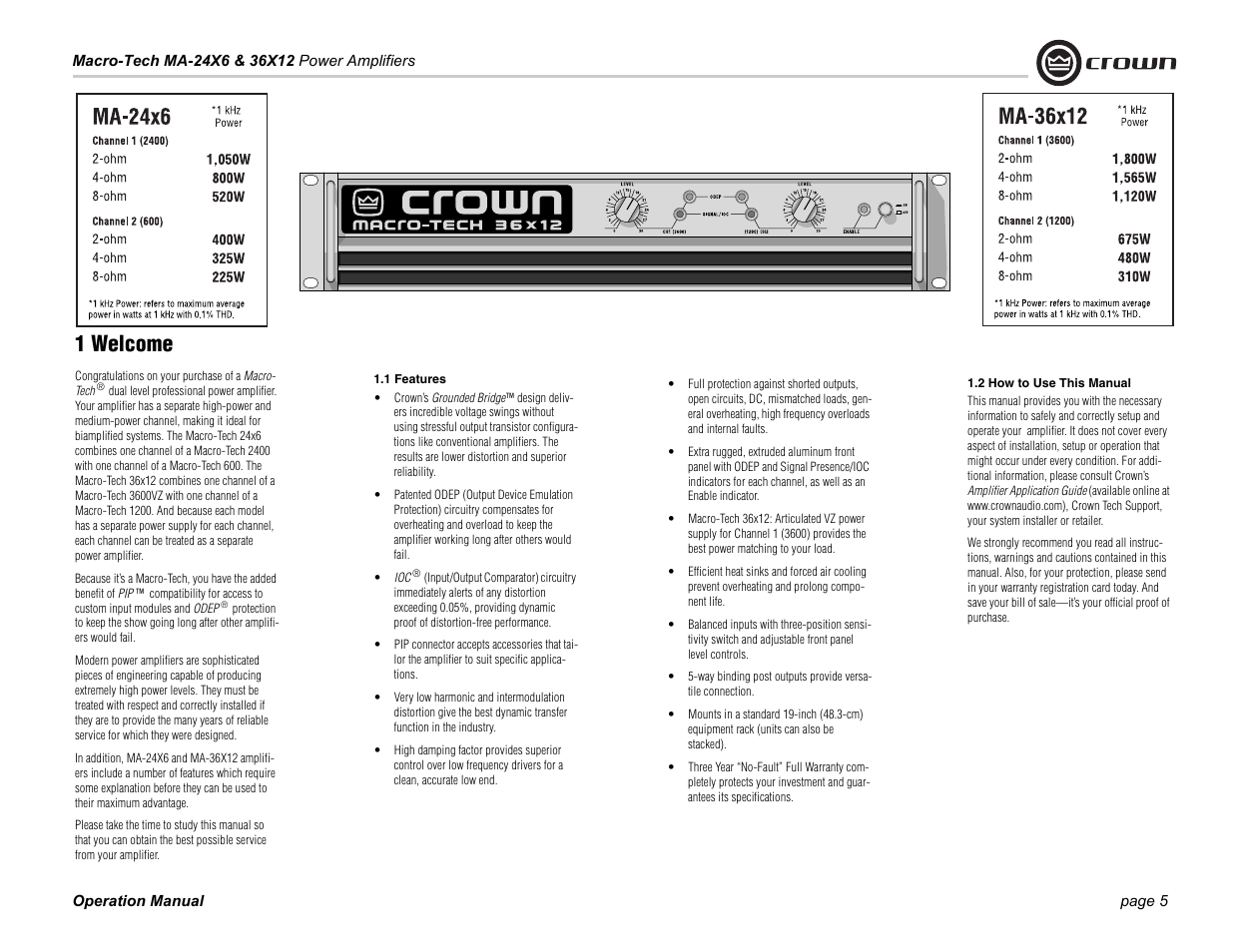 1 welcome, 1 features, 2 how to use this manual | Crown Audio MA-36X12 User Manual | Page 5 / 32