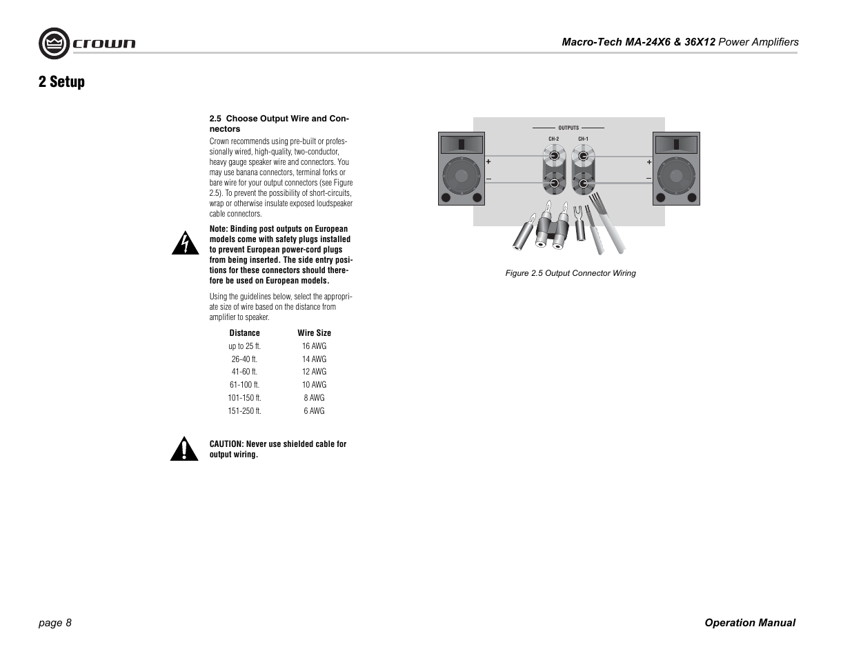 5 choose output wire and connectors, 2 setup | Crown Audio MA-36X12 User Manual | Page 8 / 32