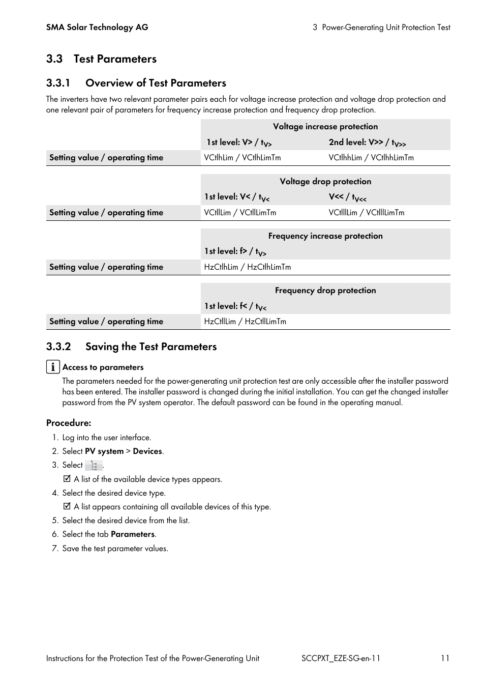 3 test parameters, 1 overview of test parameters, 2 saving the test parameters | SMA SC 500CP XT Service Manual User Manual | Page 11 / 18