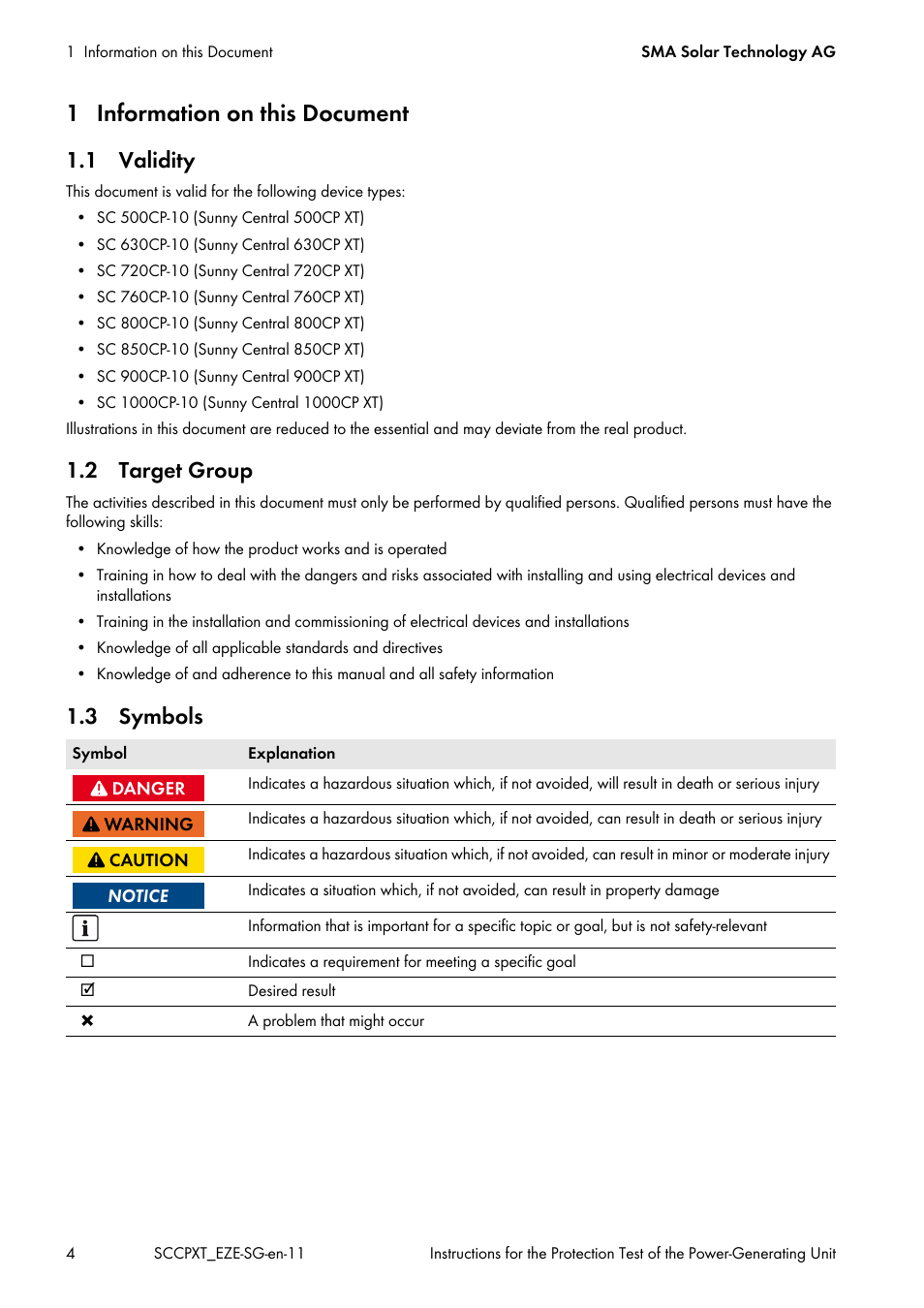 1 information on this document, 1 validity, 2 target group | 3 symbols, 1 validity 1.2 target group 1.3 symbols | SMA SC 500CP XT Service Manual User Manual | Page 4 / 18