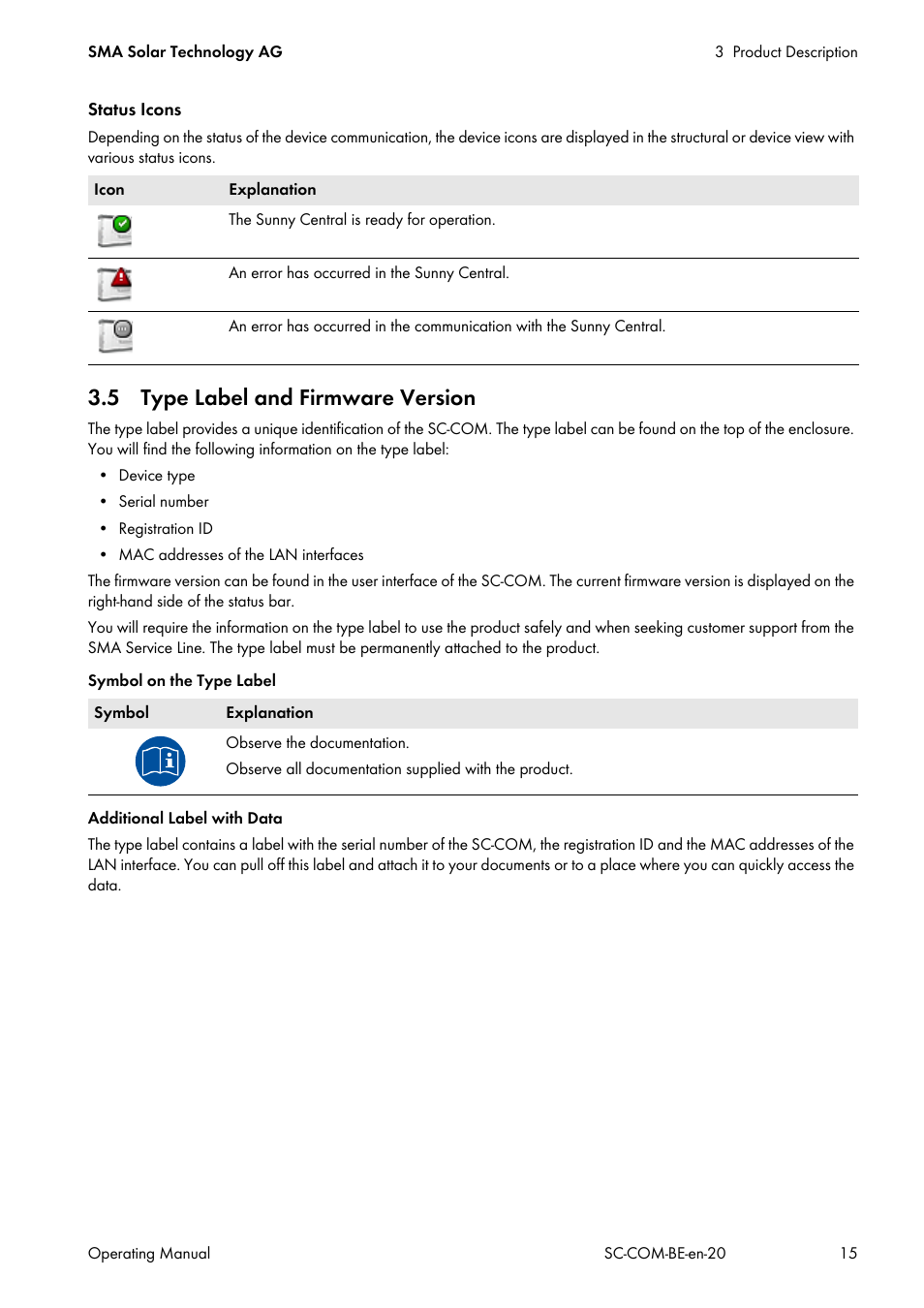 5 type label and firmware version | SMA SC-COM User Manual | Page 15 / 48