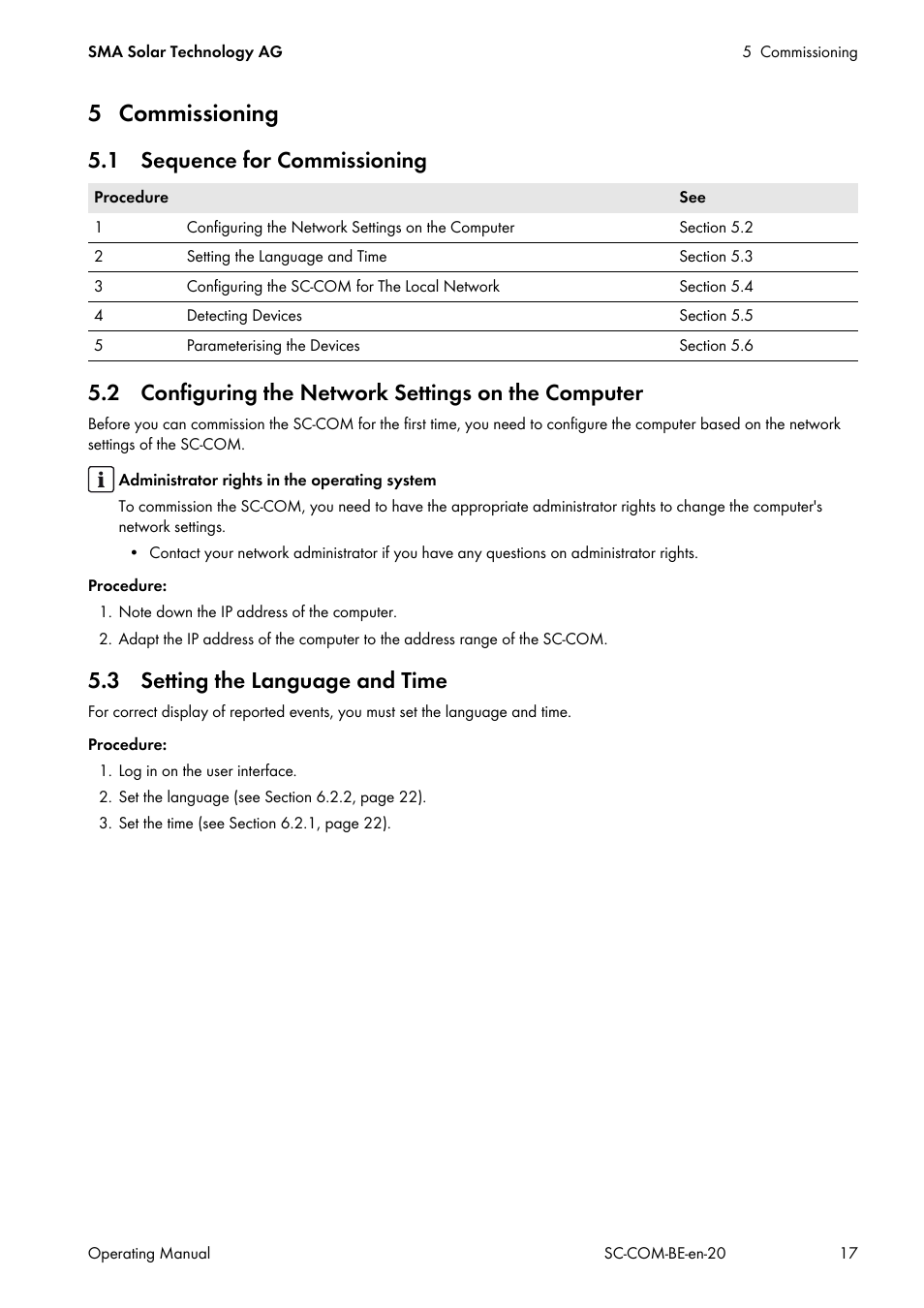 5 commissioning, 1 sequence for commissioning, 2 configuring the network settings on the computer | 3 setting the language and time | SMA SC-COM User Manual | Page 17 / 48