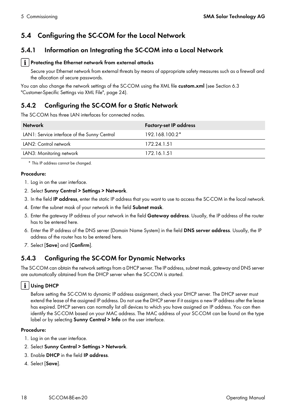 4 configuring the sc-com for the local network, 2 configuring the sc-com for a static network, 3 configuring the sc-com for dynamic networks | Ection 5.4 | SMA SC-COM User Manual | Page 18 / 48