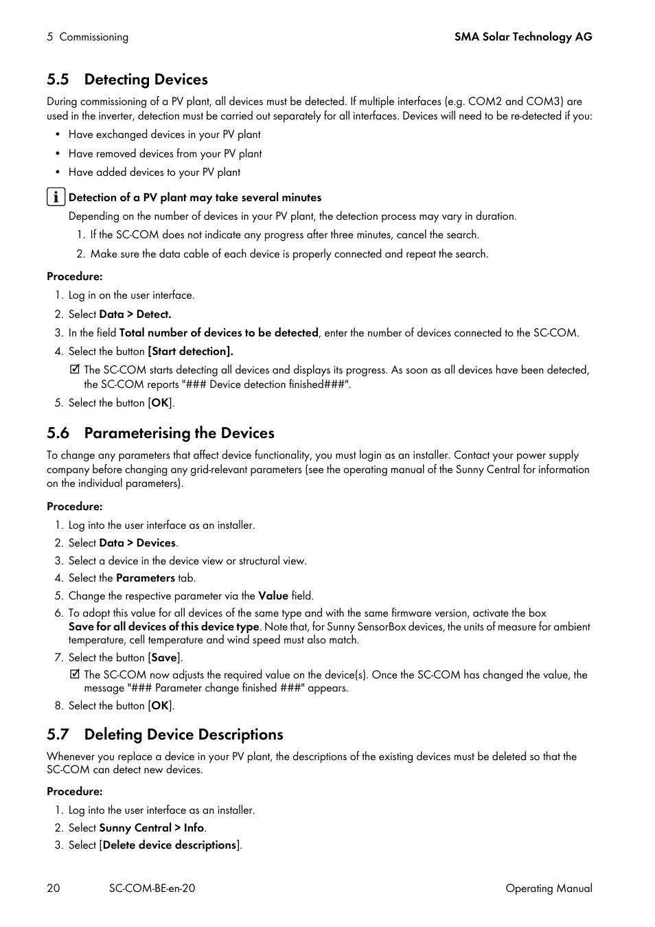 5 detecting devices, 6 parameterising the devices, 7 deleting device descriptions | Section 5.5, Ection 5.6 | SMA SC-COM User Manual | Page 20 / 48